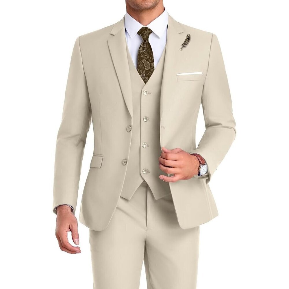 Men's Notched Lapel New Beige Groomsmen Slim Fit 3 Pieces Suit for Wedding